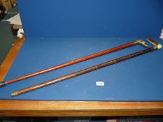 Two walking sticks one with antler handle, the other with a brass dog's head handle.