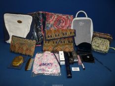 A small quantity cosmetic bags including Liberty, Dior etc, Liberty cotton handkerchief,