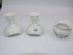 A white ground Royal Copenhagen dressing table set of matching candlesticks and trinket dish,