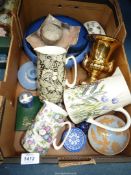 A quantity of china to include blue Jasperware jugs, a Chris Boddy pottery bowl, etc.