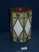 A hexagonal leaded ceiling lampshade, 9 1/4'' x 6 1/2'' wide.