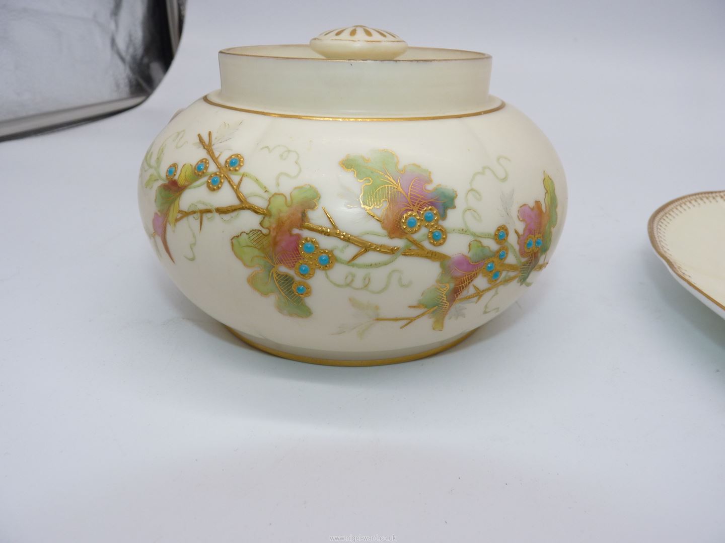A Royal Worcester, Grainger low jar and cover, having hand painted foliage, - Image 4 of 6