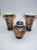 A pair of Noritake vases and matching ginger jar.