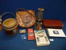 A quantity of miscellanea including storage bins in book form, tooled leather hand bag, Davy lamp,