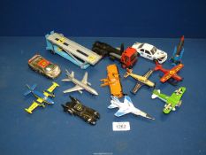 A small box of die-cast Corgi Matchbox and other cars including Batmobile, aeroplanes, etc.