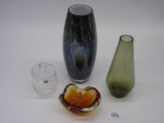 Four pieces of glass including heavy barrel shaped vase in shades of grey and cream with thin
