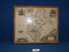After Ioan Bleau, an antique map of Cumbria, framed and glazed, apparently with hand colouring,