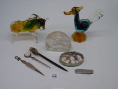 A Murano glass bull and bird ornaments, Dolphin paperweight, plus miscellaneous page turners etc.
