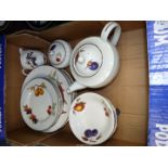 A Royal Worcester Evesham teapot, cream and sugar bowl, six dinner plates,