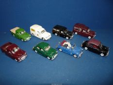 Eight Morris Minor models some having friction drive motors and including a green 2 door saloon,