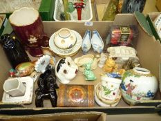 A quantity of china including early Staffordshire sauce boats, Sylvac rabbit,