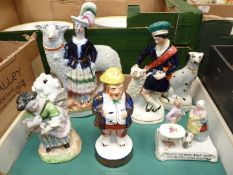 A small quantity of Staffordshire style figures including a Scotsman and a ram, seated Dalmation,