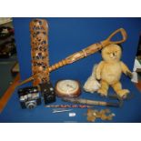 A quantity of miscellanea including 'Sooty' jointed Teddy, six-20 Brownie Junior camera, whip,