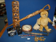 A quantity of miscellanea including 'Sooty' jointed Teddy, six-20 Brownie Junior camera, whip,
