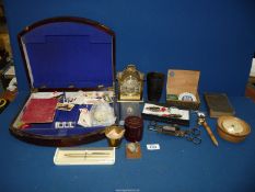 A quantity of miscellanea including a medicine glass in an associated leather case,