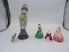 Four figurines including Lladro Geisha girl(parasol a/f),