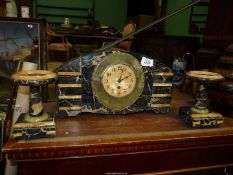 An Art Deco style orange and black marble mantle Clock Garniture with green onyx surround to the