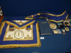 Herefordshire Masonic regalia including collar, apron, medals, beaded patches, two 9ct gold pins,