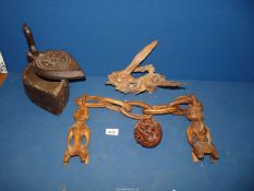 A 19th century vintage tribal carving, two Chinese wood carvings and Indian box.