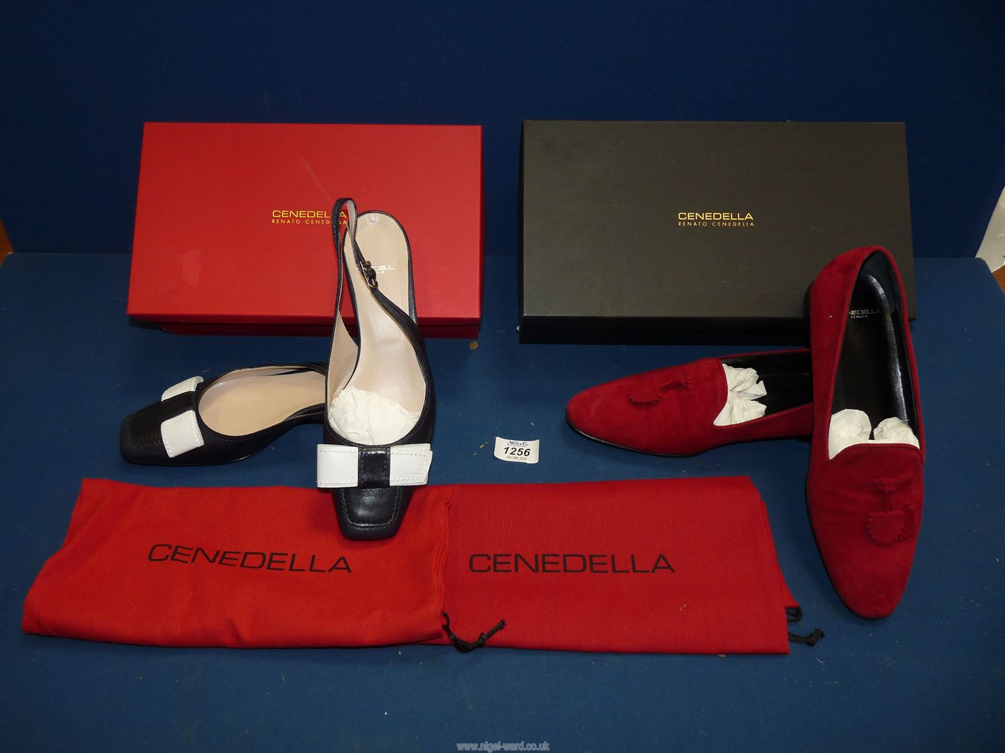 Two pairs of ladies shoes including Cenedella blue and white and a pair of red suede, both size 37.