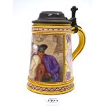 An Austrian 'Royal Vienna' lidded tankard decorated with a pub scene, impressed 804 to base.