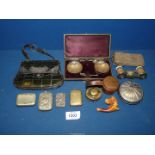 A small quantity of miscellanea including vesta cases, ink pot, Fattorini of Paris opera glasses,