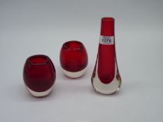 Three Whitefriars vases including teardrop with heavy clear casing,