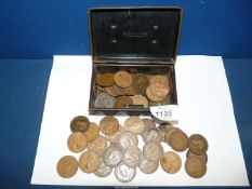 An old tin cash box containing a quantity of old pennies including Victorian, George V, Edward VII,