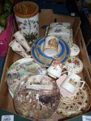 A box of mixed china to include Portmeirion, Royal Kendal plates, Wedgwood, Royal Stafford,
