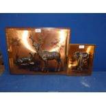 Two raised copper pictures one of elephant 8" x 10" and the other antelopes,