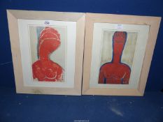 Two modern framed prints including 'Female Bust in Red' and 'The Red Bust' by Amededo Modigliani,