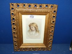 An ornately framed and mounted Watercolour Portrait of a young girl, no visible signature.