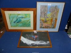 Three framed pictures including an oil painting of a skier losing his balance,