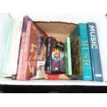 A box of books on Music & Art; Degas, Van Dyck, Cezanne, The Concise Oxford Dictionary of Music,