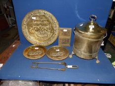 A quantity of brass to include coal bucket, tongs, wall plaque etc.