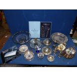 A quantity of plated items including gravy boat and stand, butter dishes, wine coasters, condiments,