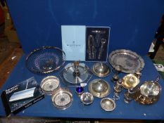 A quantity of plated items including gravy boat and stand, butter dishes, wine coasters, condiments,