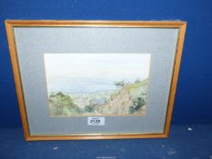 A framed and mounted Watercolour depicting a view from the Malvern Hills St Malvern Priory,