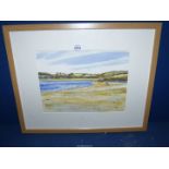 A framed and mounted Watercolour depicting a seascape with figures on a beach,