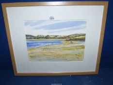 A framed and mounted Watercolour depicting a seascape with figures on a beach,