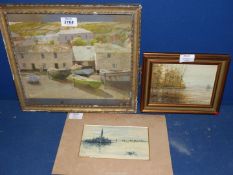 Three pictures to include a Roderick Lovesley Oil on board of a River scene, watercolour of St.