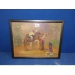 A framed Oil painting of Arabs on camels taking a drink at well indistinctly signed lower left.