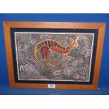 A wooden framed Bulurru Kangaroo hunting Print on fabric by Tjinta Tjinta (Daniel Goodwin).