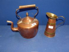 A brass fireside kettle and jug with brass rims.