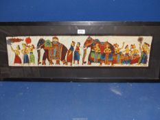 A framed and mounted Batik style Print on fabric depicting a procession with elephants, musicians,