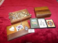 Two small wooden boxes of Jewellery including silver locket, brooches, etc.
