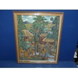 A framed Balinese folk art Oil painting depicting the Indonesian village of Batuan,