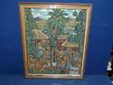 A framed Balinese folk art Oil painting depicting the Indonesian village of Batuan,