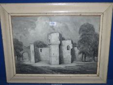 A painted wood framed watercolour in grey tones of 'Castle Ruins, Ashby', signed lower left, F.E.