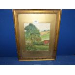 A framed and mounted Oil painting depicting a country landscape with barn, trees and rolling fields,